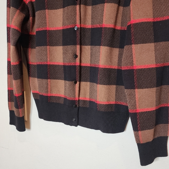 Ann Taylor Metallic Red Black Brown Plaid Button Knit Sweater Cardigan Cotton XL - Picture 15 of 16